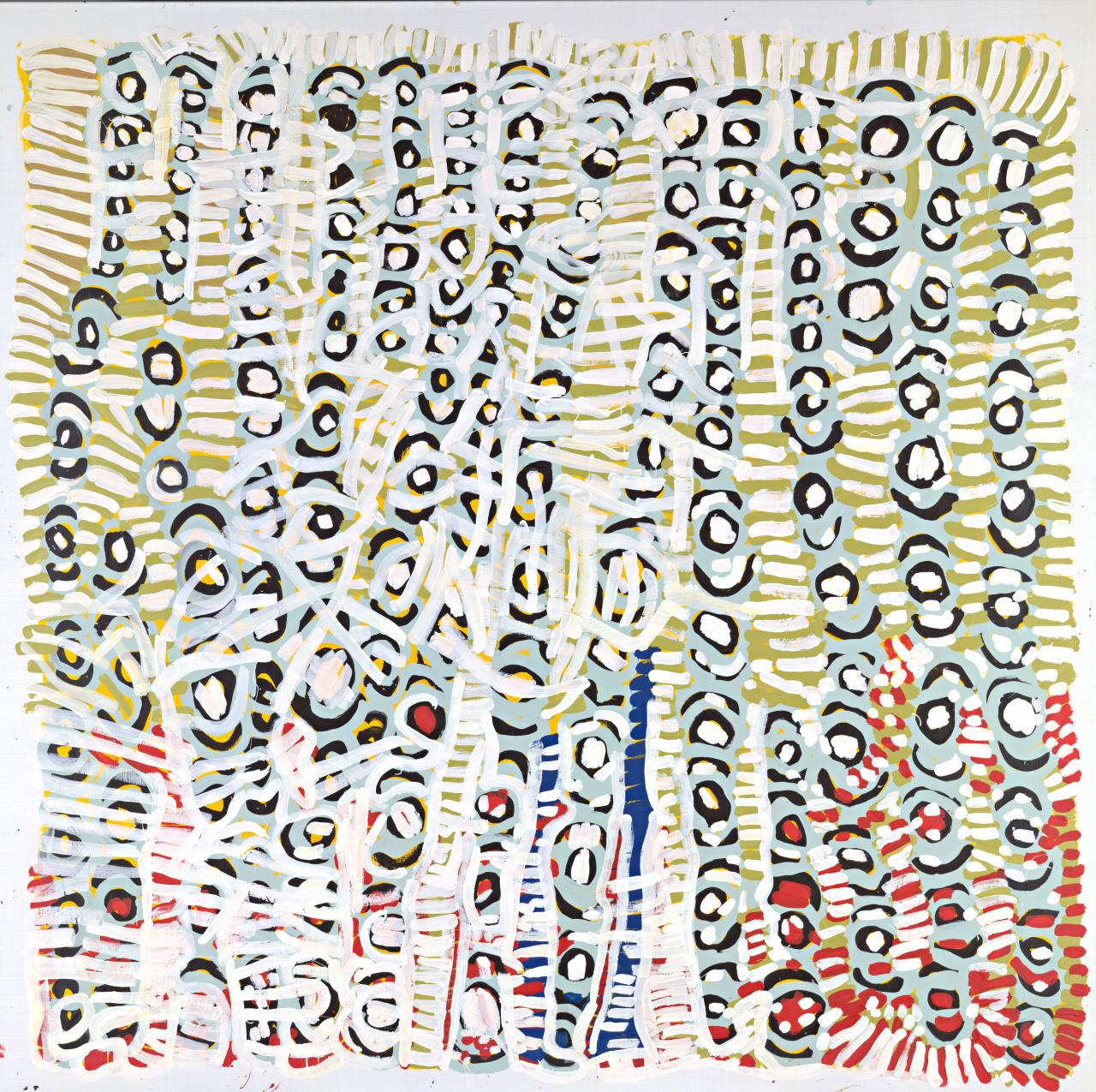 Lorna Napurrurla Fencer (Yulyurlu) <br/>
Warlpiri c.19252006<br />
<em>Wanakiji</em> 1999<br />
synthetic polymer paint on canvas<br />
179.3 x 179.5 cm<br />
National Gallery of Victoria, Melbourne<br />
Purchased, 1999 (1999.330)<br />
© Lorner Napurrula Fencer (Yulyulu), courtesy of Lajamanu Progress Association<br />