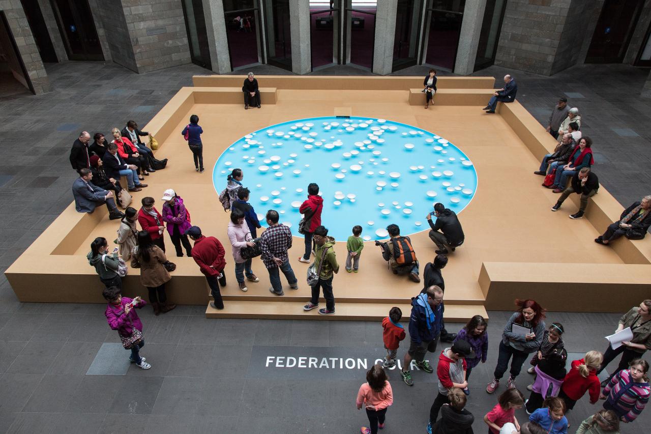 Céleste Boursier-Mougenot, <em/>clinamen, installation view, National Gallery of Victoria, Melbourne (May 3 Sept 8, 2013)<br />
Photo: NGV Photographic Services Department<br />
© Céleste Boursier-Mougenot. Courtesy Paula Cooper Gallery, New York, and Gallerie Xippas, Paris