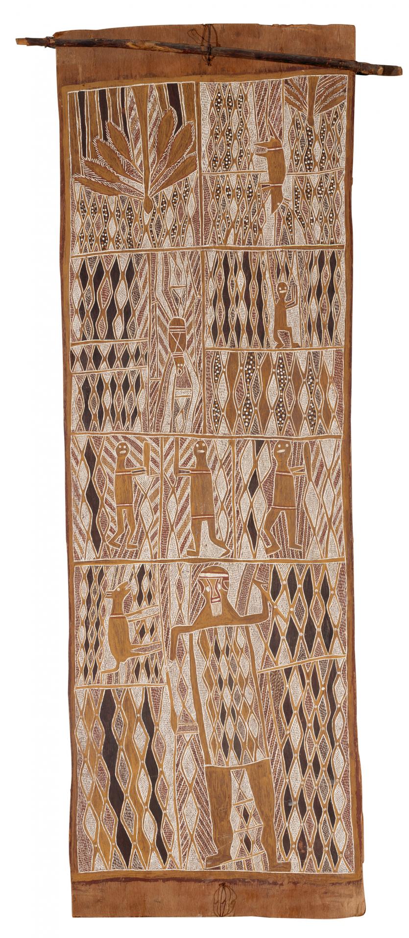 Munggurrawuy Yunupingu <br/>
Gumatj c.19071979<br />
<em>Fire story at Caledon Bay</em> 1962<br />
earth pigments on Stringybark (Eucalyptus sp.)<br />
185.6 x 78.1 cm<br />
National Gallery of Victoria, Melbourne<br />
Purchased through The Art Foundation of Victoria with the assistance of <br />
Jan and Bill Conn, Members, 1989 (O.83-1989)<br />
© the artists estate, courtesy of Buku-Larnggay Mulka Centre<br />