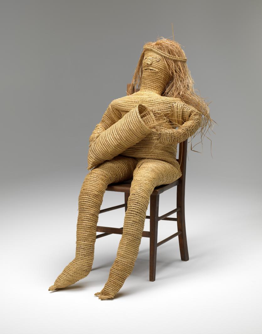 Yvonne Koolmatrie<br/>
Ngarrindjeri born 1944<br />
<em>Magic weaver</em> 2005<br />
sedge (Carex sp.), wood<br />
116.0 x 56.0 x 92.4 cm (overall)<br />
National Gallery of Victoria, Melbourne<br />
Purchased with funds donated by Supporters and Patrons of Indigenous Art, 2006 (2006.183.a-b)<br />
© Yvonne Koolmatrie courtesy Aboriginal & Pacific Art Gallery<br />