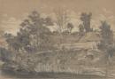 View of the Station Plenty, Port Phillip district (V Station outbuildings in distance with trees and creek in foreground)