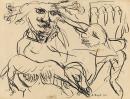 Flower-headed figure holding dog and bending figure