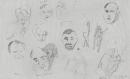 TV drawing: Reg Ansett; American Airlines; man on bike with umbrella; (male portraits); (figure with horse); (figure carrying bags)