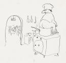 (Chef sitting on saucepan)