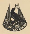Bookplate: John Gartner (Bower bird with books in nest)