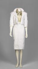 Outfit comprising mini-trench jacket, orchid bias top and skirt