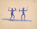 Two men with shields and clubs duelling
