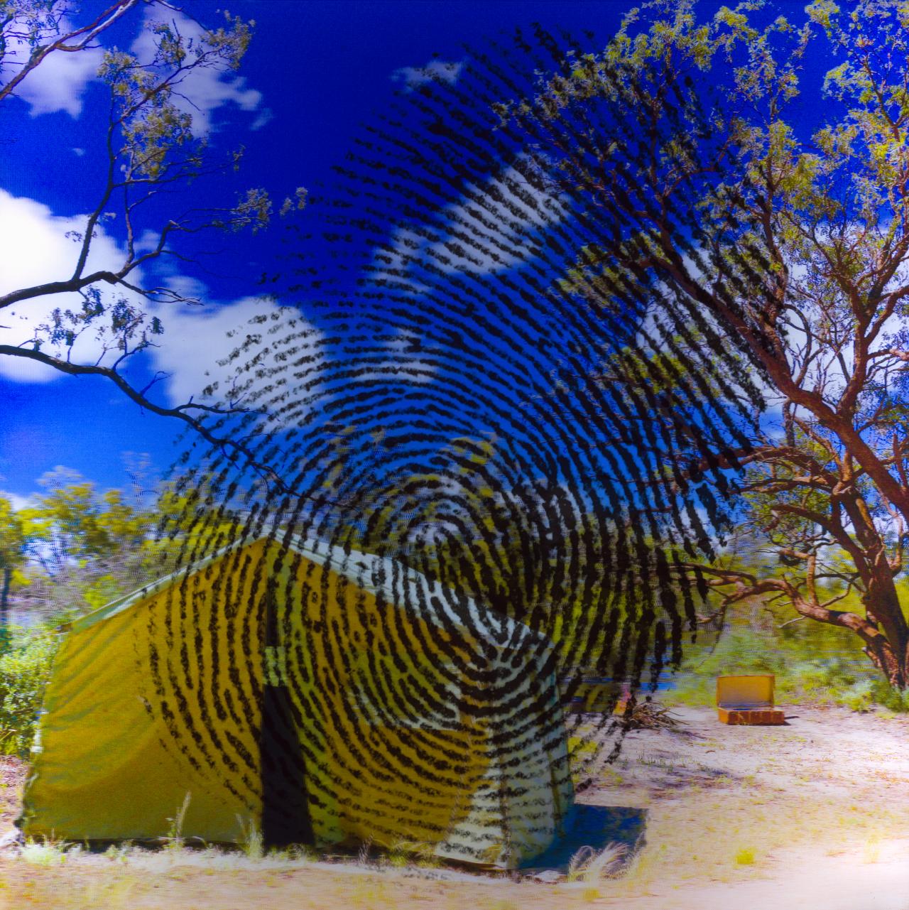 Maree Clarke<br/>
<em>On the banks of the Murrumbidgee River II (Army tent and suitcase)</em> 2019 <!-- (recto) --><br />

lenticular print lightbox<br />
120.0 x 120.0 cm<br />
National Gallery of Victoria, Melbourne<br />
Purchased, Victorian Foundation for Living Australian Artists, 2019<br />
2019.838<br />
&copy; Maree Clarke / Licensed by Copyright Agency, Australia
<!--140942-->