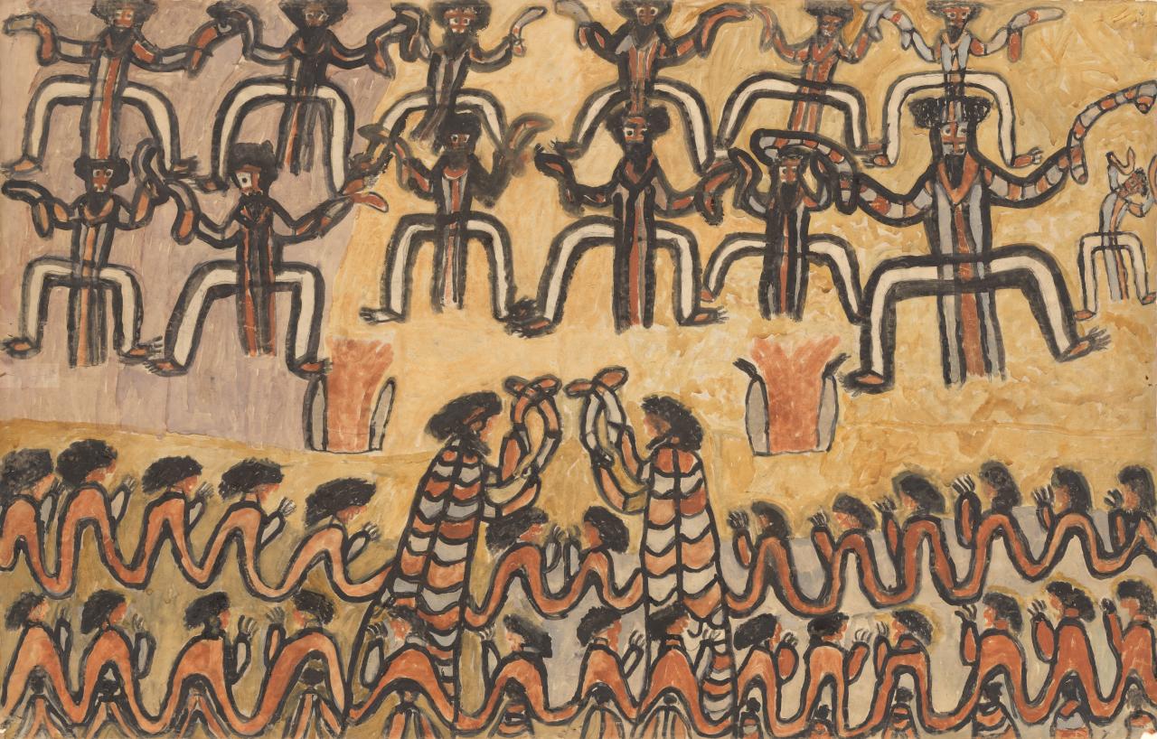 William Barak<br/>
<em>Ceremony</em> (1898) <!-- (recto) --><br />

pencil, wash, ground wash, charcoal solution, gouache and earth pigments on paper<br />
57.0 x 88.8 cm (image and sheet)<br />
National Gallery of Victoria, Melbourne<br />
Purchased, 1962<br />
1215B-5<br />

<!--30762-->