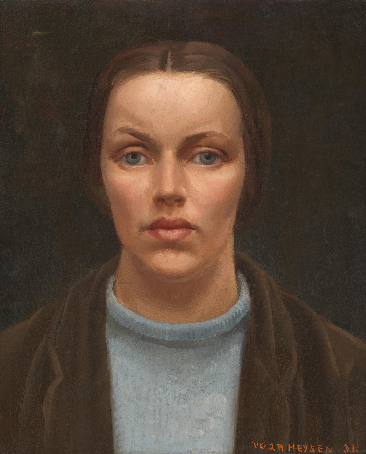 Nora HEYSEN<br/>
Australia 1911–2003, lived in England<br/>
and Italy 1934–37<br/>
<em>Self portrait</em> 1934<br/>
oil on canvas<br/>
43.1 x 36.3 cm<br/>
National Portrait Gallery, Canberra<br/>
Purchased 1999 (1999.50)<br/>
© Lou Klepac