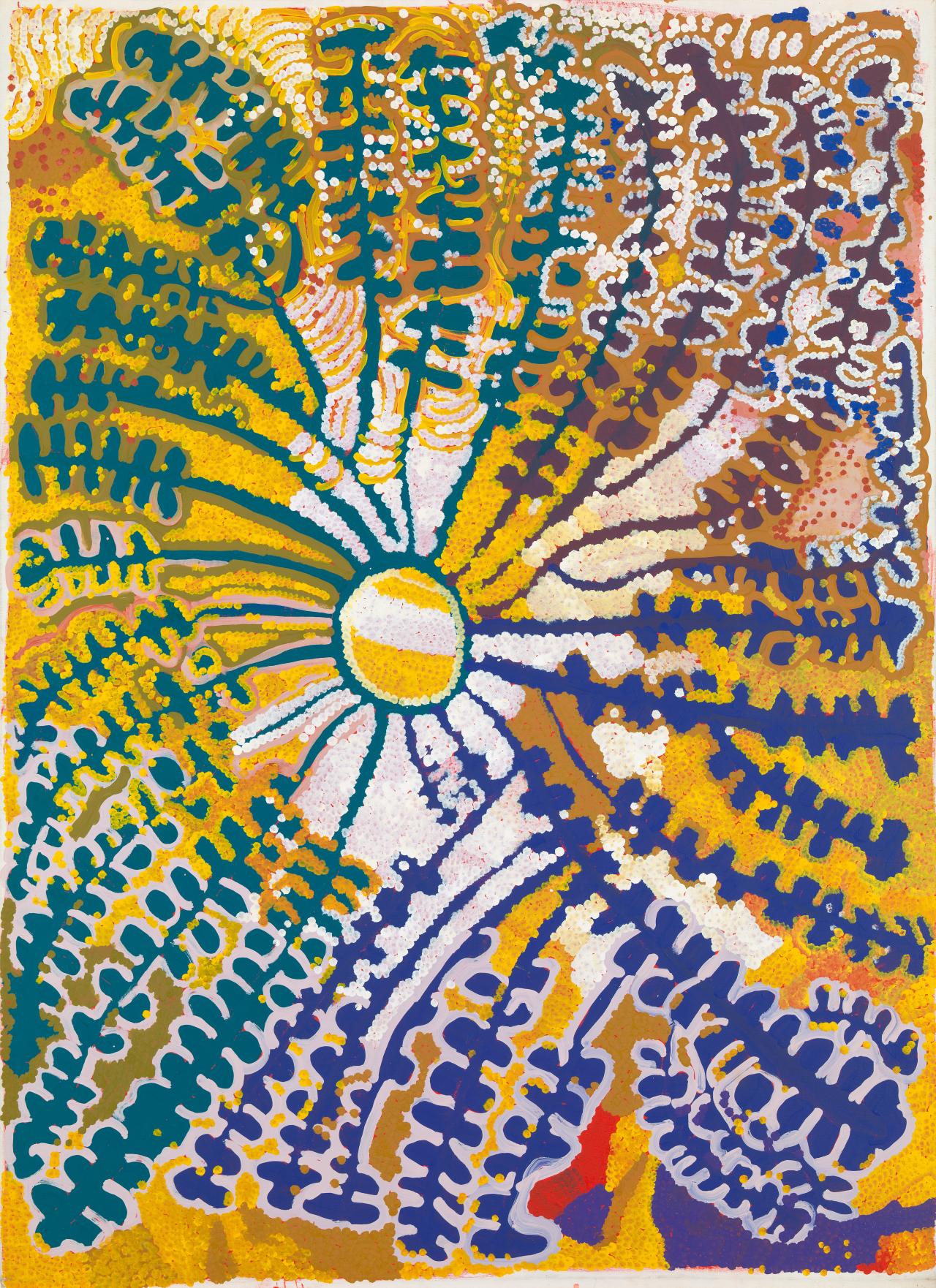 Yulyurlu Lorna Napurrurla Fencer<br/>
<em>Yarla (Yam Dreaming)</em> 2000 <!-- (recto) --><br />

synthetic polymer paint on canvas<br />
205.5 x 149.2 cm<br />
National Gallery of Victoria, Melbourne<br />
Gift of Ben and Helen Korman through the Australian Government&rsquo;s Cultural Gifts Program, 2018<br />
2018.768<br />
&copy; Lorner Napurrula Fencer (Yulyulu), courtesy of Lajamanu Progress Association
<!--131487-->