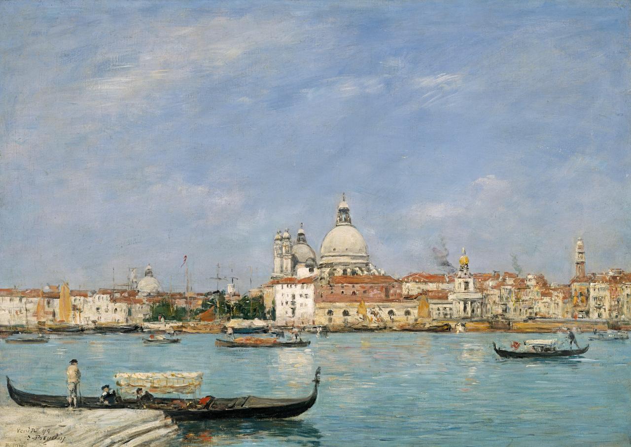 Eugène Louis Boudin<br/>
French 1824–98<br/>
<em>Venice, Santa Maria della Salute from San Giorgio</em> 1895<br/>
oil on canvas<br/>
46.3 x 65.4 cm<br/>
Museum of Fine Arts, Boston<br/>
Juliana Cheney Edwards Collection (25.111)<br/>
Photography © Museum of Fine Arts, Boston. All Rights Reserved.