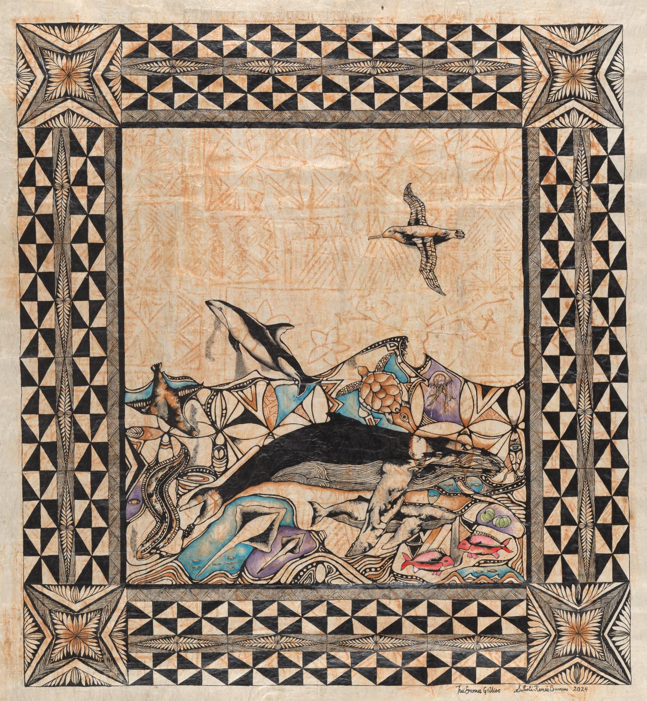 Tui Emma Gillies<br />
 Sulieti Fieme'a Burrows<br/>
<em>Pacifika Ocean</em> 2024 <!-- (recto) --><br />

Tongan feta'aki (tapa cloth), umea (red earth from Falevai, Vava'u) tapioca starch (organic glue), synthetic polymer paint, ink and vintage kupesi<br />
(195.0 x 175.0 cm)<br />
National Gallery of Victoria, Melbourne<br />
Purchased with funds donated by Krystyna Campbell-Pretty AM and Family and Christopher Thomas AM and Cheryl Thomas, 2024<br />
2024.983<br />
&copy; Tui Emma Gillies and Sulieti Fieme'a Burrows
<!--155675-->