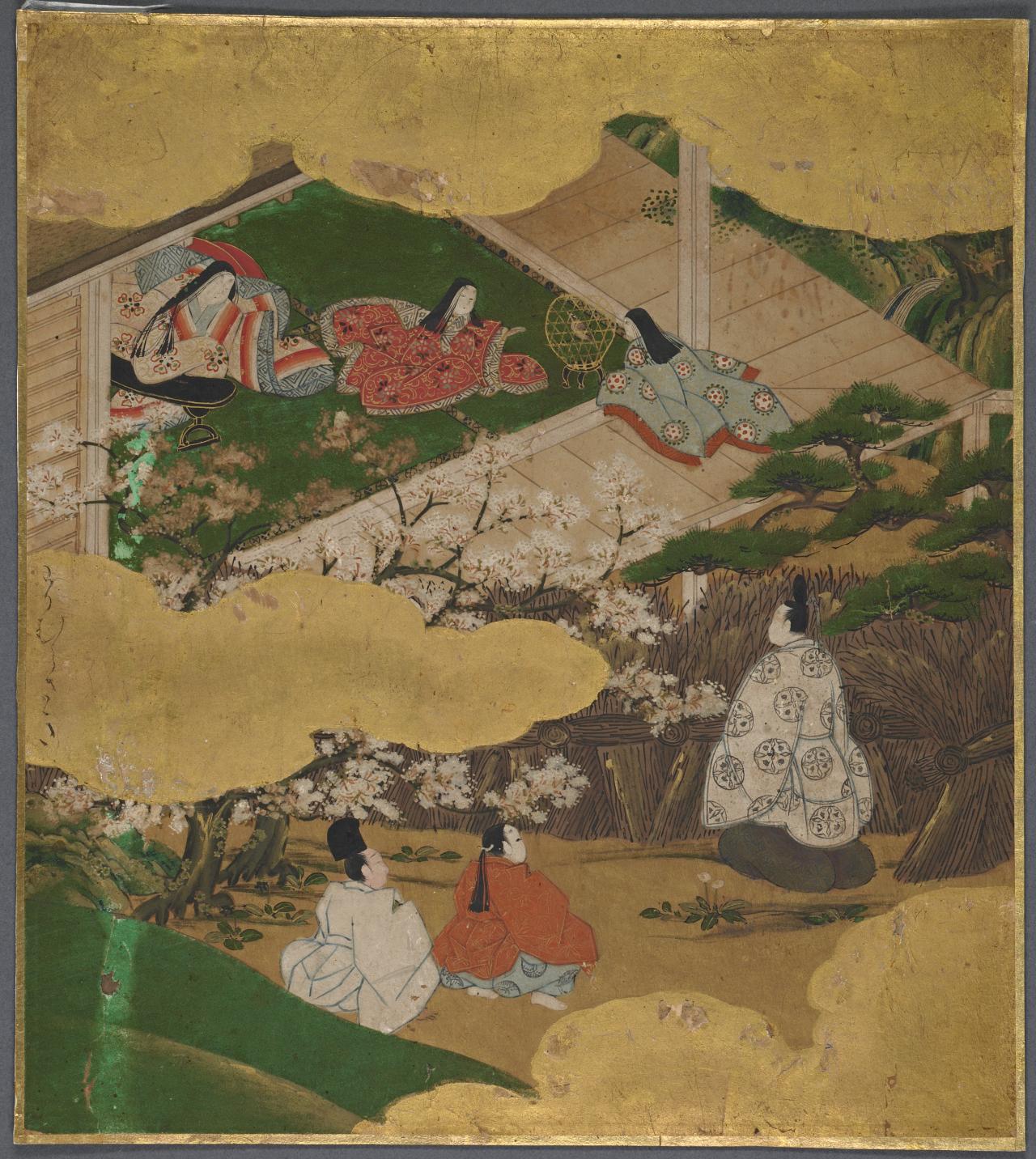 JAPANESE<br/>
<em>Chapter 5: Young Murasaki (Waka Murasaki)</em> (mid 17th century) <!-- (recto) --><br />
from the <i>Tale of Genji</i> album<br />
pigments and gold leaf on paper<br />
26.4 x 23.6 cm (image)<br />
National Gallery of Victoria, Melbourne<br />
Presented by Mr Kenneth Myer, 1976<br />
AS2-1976<br />

<!--53110-->