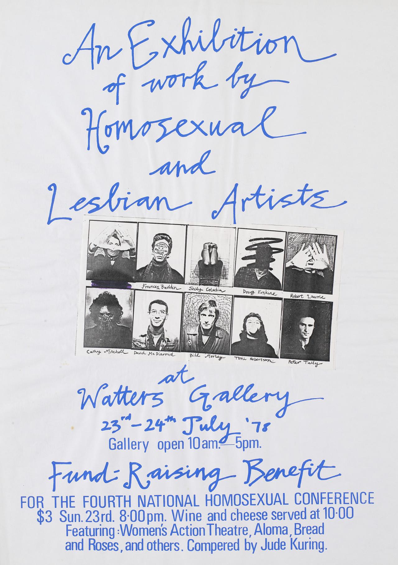 David McDIARMID<br/>
<em>An exhibition of work by homosexual and lesbian artists</em> (1978) <!-- (recto) --><br />

colour screenprint, collage, fibre-tipped pen<br />
57.1 x 37.6 cm irreg. (image) 60.8 x 43.0 cm (sheet)<br />
National Gallery of Victoria, Melbourne<br />
Gift from the Estate of David McDiarmid, 1998<br />
2002.391<br />
© David McDiarmid/Licensed by Copyright Agency, Australia
<!--70169-->