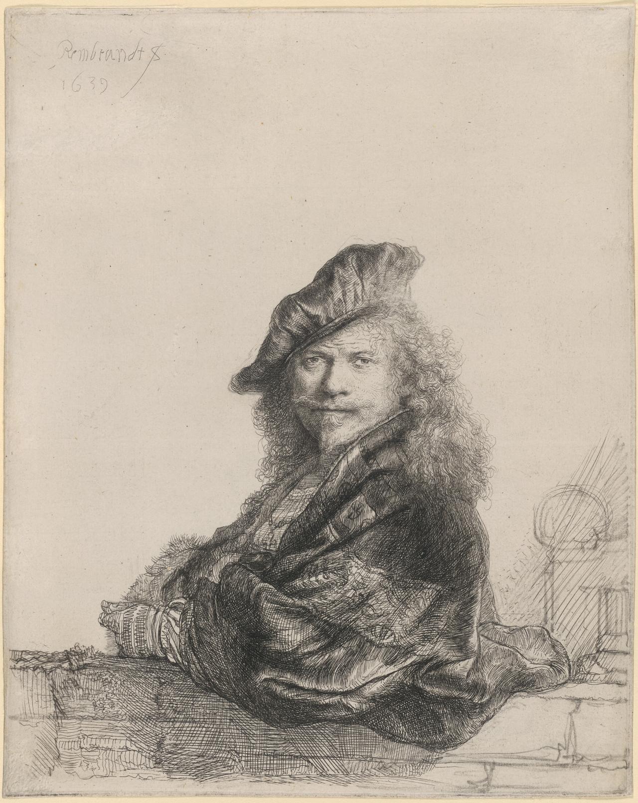 REMBRANDT Harmensz. van Rijn<br/>
<em>Self-portrait leaning on a stone sill</em> 1639 <!-- (recto) --><br />

etching, touched with black chalk<br />
20.5 x 16.4 cm (plate) 20.8 x 16.6 cm (sheet)<br />
1st of 2 states<br />
National Gallery of Victoria, Melbourne<br />
Purchased, 1891<br />
p.186.5-1<br />

<!--40199-->