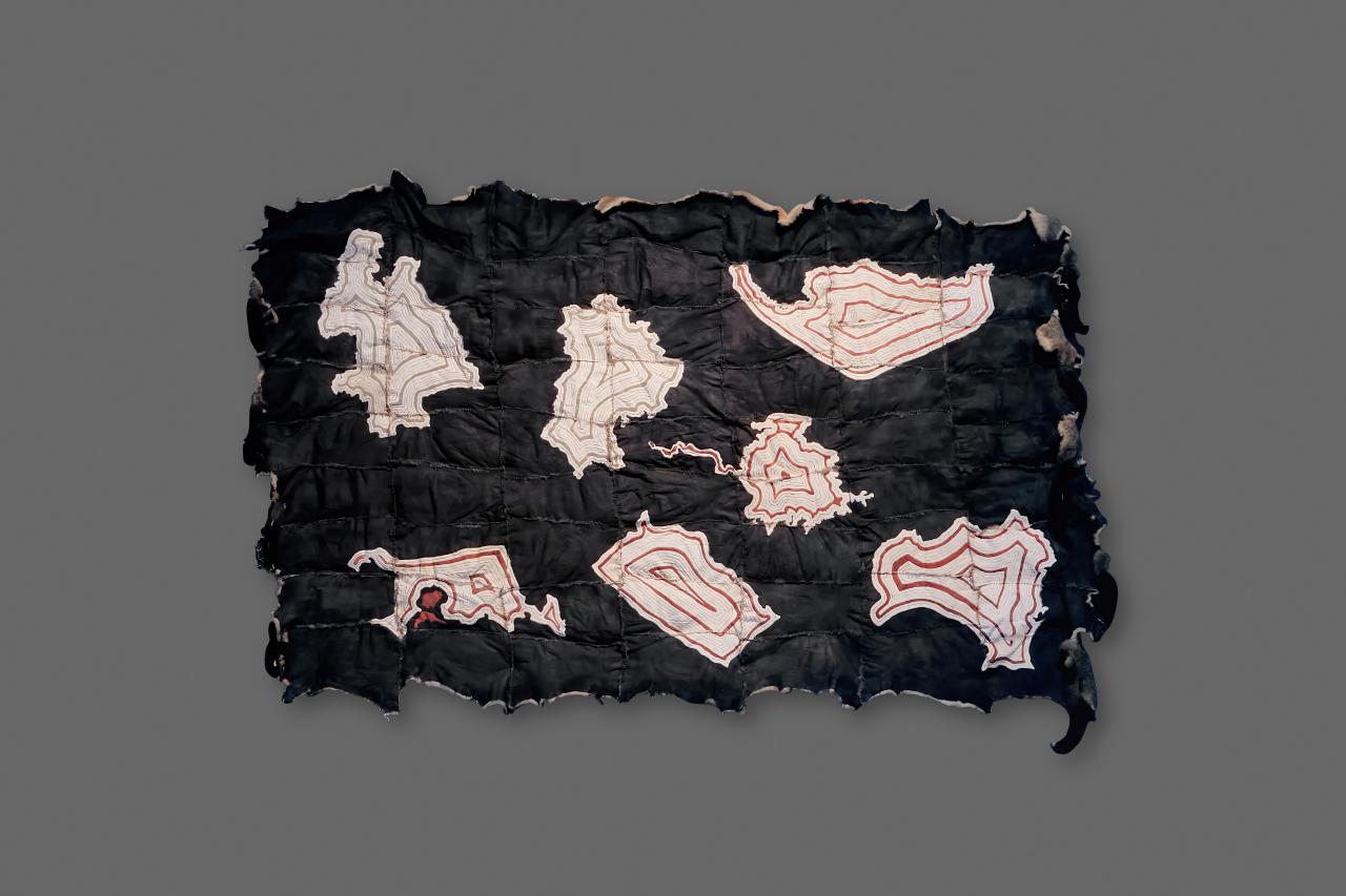 Maree Clarke<br/>
<em>Walert &ndash; gurn barerarerungar: Tipperary, Ireland Dunstable, Britain Yorta Yorta Trawlwoolway Boonwurrung, Mutti Mutti, Wamba Wamba</em> 2020-2021 <!-- (recto) --><br />

possum skin, earth pigments and synthetic polymer paint, sinew<br />
221.0 x 405.0 cm<br />
National Gallery of Victoria, Melbourne<br />
Purchased, Victorian Foundation for Living Australian Artists, 2021<br />
2021.600<br />
&copy; Maree Clarke / Licensed by Copyright Agency, Australia
<!--146720-->