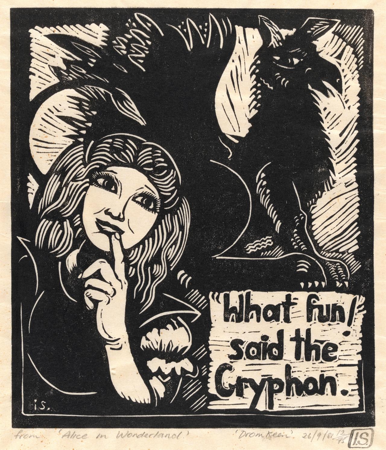 Irena SIBLEY<br/>
<em>&lsquo;What fun!&rsquo; said the Gryphon</em> 1981 <!-- () --><br />
from the <i>Alice in Wonderland</i> series<br />
linocut on Japanese paper<br />
30.0 x 25.9 cm (block) 42.8 x 31.8 cm (sheet)<br />
ed. 12/75<br />
National Gallery of Victoria, Melbourne<br />
Gift of Albert Ullin OAM, 2014<br />
2014.633<br />
&copy; Estate of Irena Sibley
<!--105927-->
