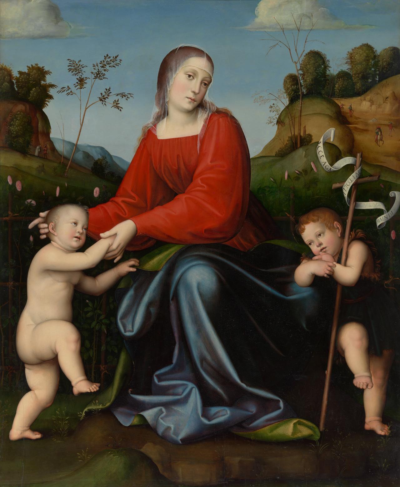 Francesco FRANCIA<br />
 Giacomo FRANCIA<br />
 Giulio FRANCIA<br/>
<em>Virgin and Child with the young Saint John in a garden of roses</em> (c. 1515) <!-- (recto) --><br />

oil on wood panel<br />
115.4 x 93.5 cm<br />
National Gallery of Victoria, Melbourne<br />
Purchased with funds donated by John Higgins, Paula Fox, Ken and Jill Harrison, Alan and Mavourneen Cowen and donors to the Francia Appeal, 2011<br />
2011.337<br />

<!--97141-->