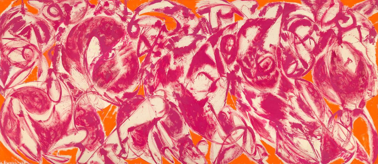 Lee KRASNER<br/>
<em>Combat</em> 1965 <!-- (recto) --><br />

oil on canvas<br />
179.0 x 410.4 cm<br />
National Gallery of Victoria, Melbourne<br />
Felton Bequest, 1992<br />
IC1-1992<br />
&copy; Lee Krasner/ARS, New York. Licensed by Copyright Agency, Australia
<!--5213-->