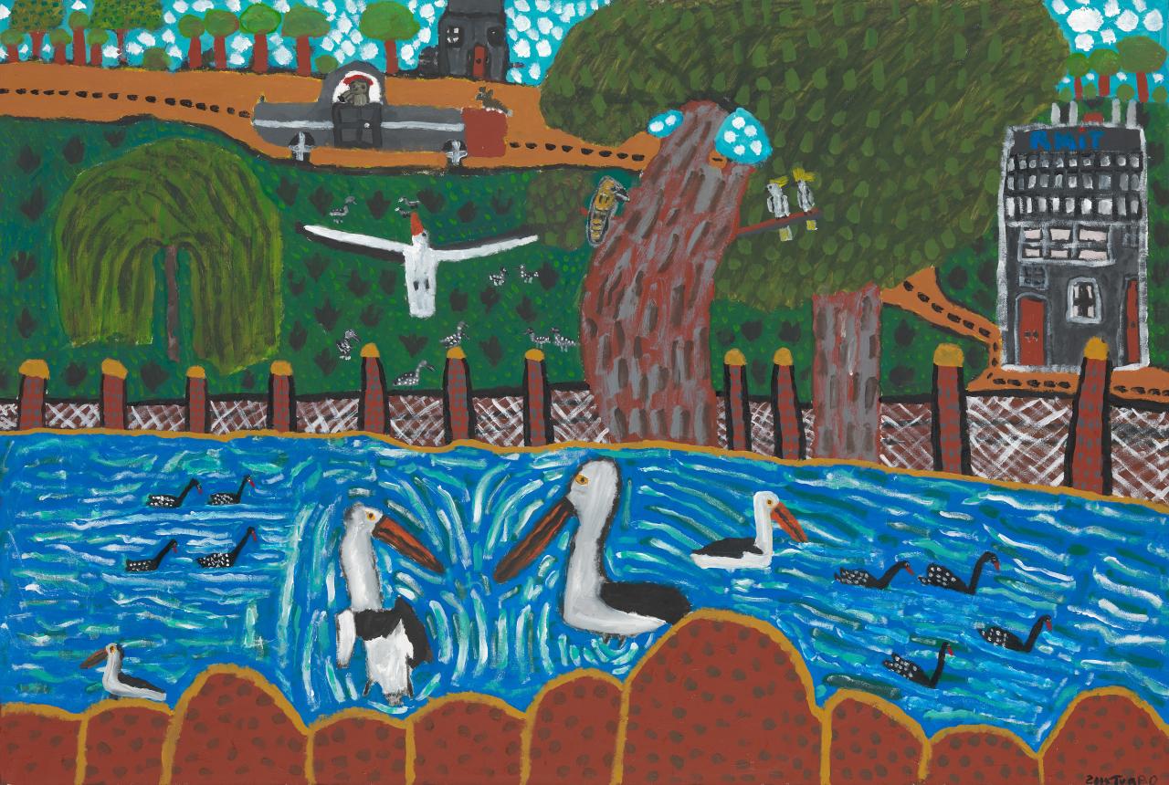 Trevor Turbo Brown<br/>
<em>The birds of the lake</em> 2004 <!-- (recto) --><br />

synthetic polymer paint on canvas<br />
120.3 x 179.6 cm<br />
National Gallery of Victoria, Melbourne<br />
Purchased through the NGV Foundation with the assistance of Jacqueline Healy, 2005<br />
2005.58<br />
&copy; the artist's estate
<!--77526-->