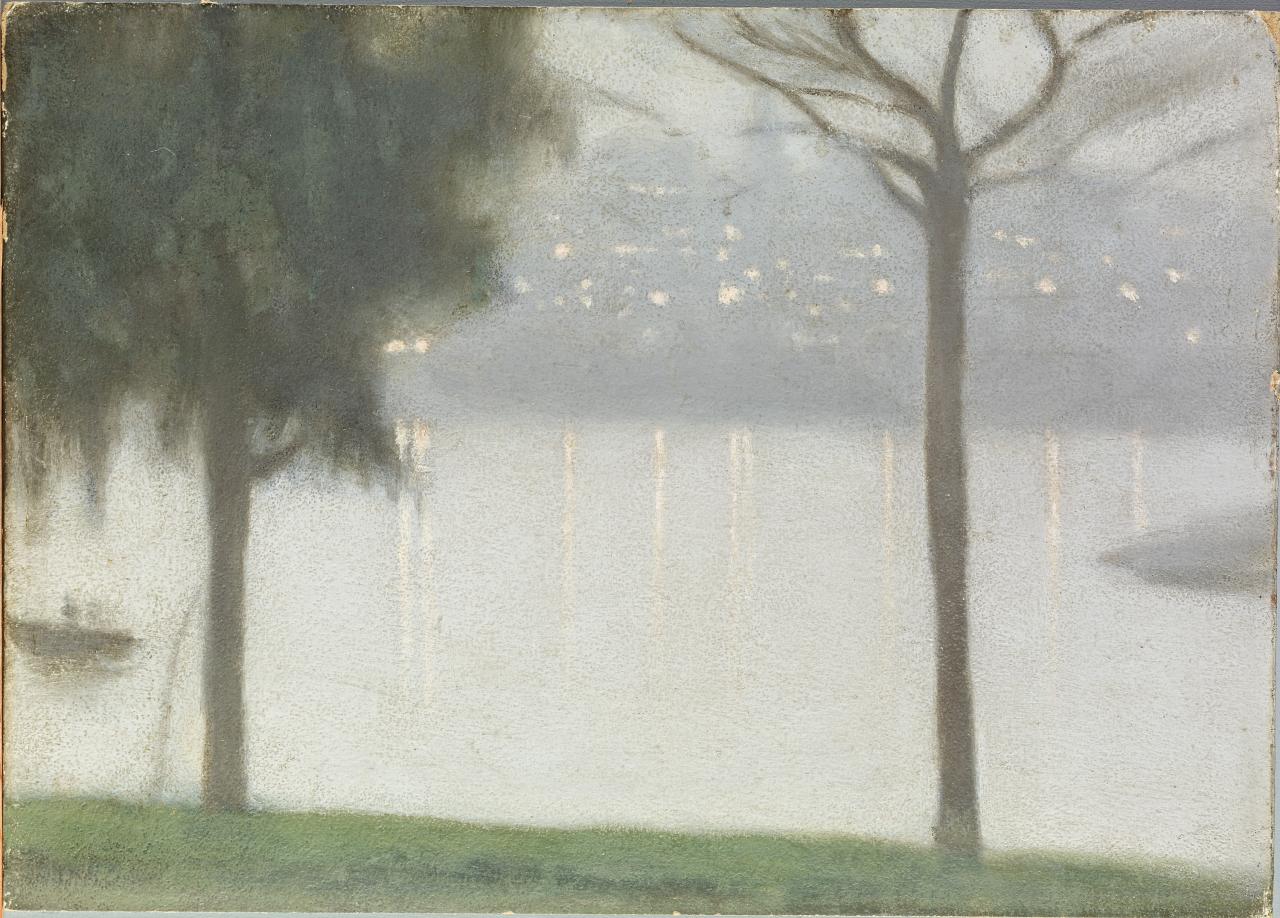 Clarice BECKETT<br/>
<em>Across the Yarra</em> (c. 1931) <!-- (recto) --><br />

oil on cardboard<br />
32.5 x 45.9 cm<br />
National Gallery of Victoria, Melbourne<br />
Purchased through The Art Foundation of Victoria with the assistance of the Marjorie Webster Memorial, Governor, 1985<br />
A9-1985<br />

<!--5840-->