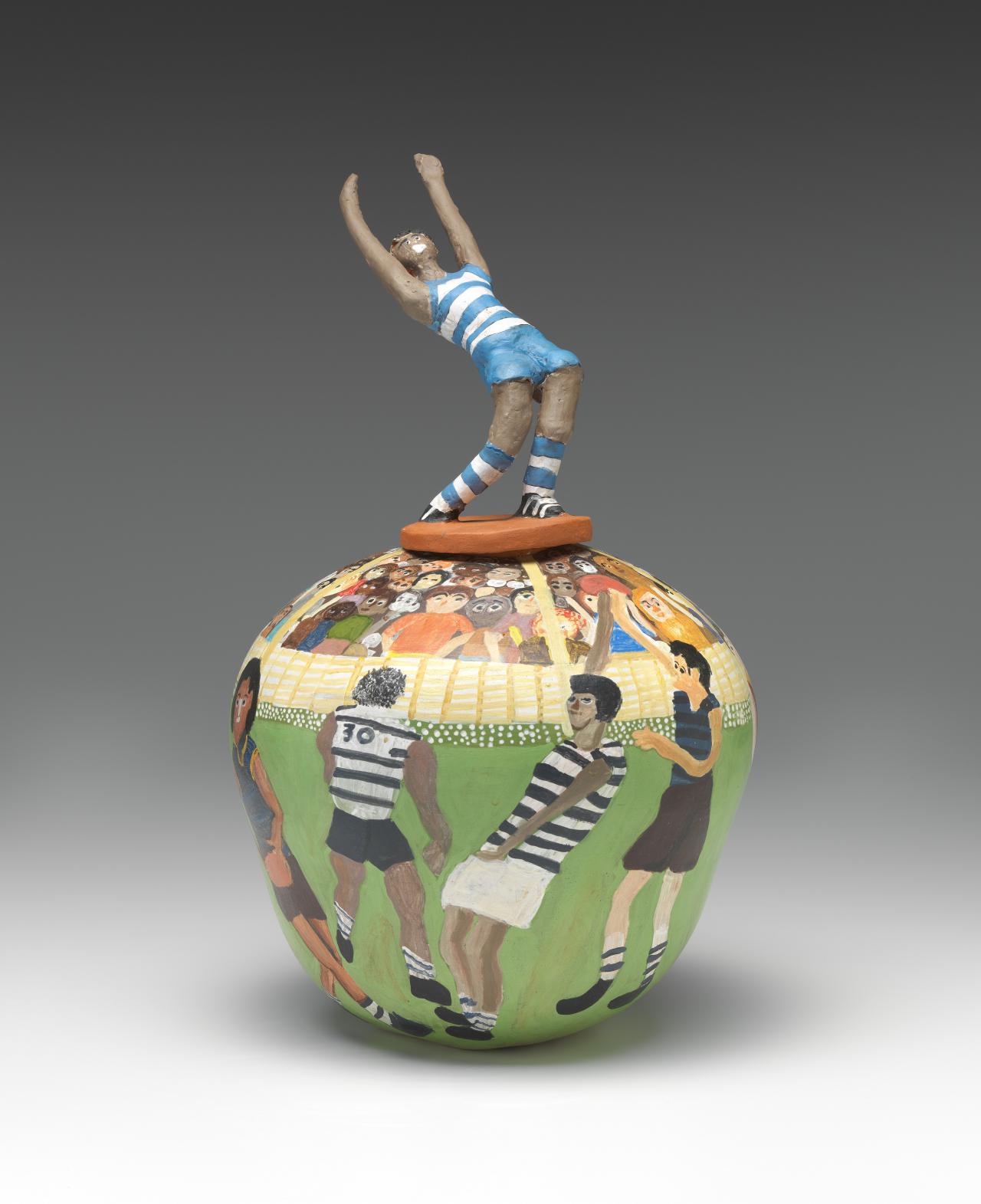 Rahel Kngwarria Ungwanaka<br/>
<em>Graham &lsquo;Polly&rsquo; Farmer, covered vase</em> 2015 <!-- (full view) --><br />

earthenware<br />
(a-b) 52.0 x 30.5 cm diameter (overall)<br />
National Gallery of Victoria, Melbourne<br />
Purchased, Victorian Foundation for Living Australian Artists, 2015<br />
2015.460.a-b<br />
&copy; Rahel Kngwarria Ungwanaka/Licensed by Copyright Agency, Australia
<!--117452-->
