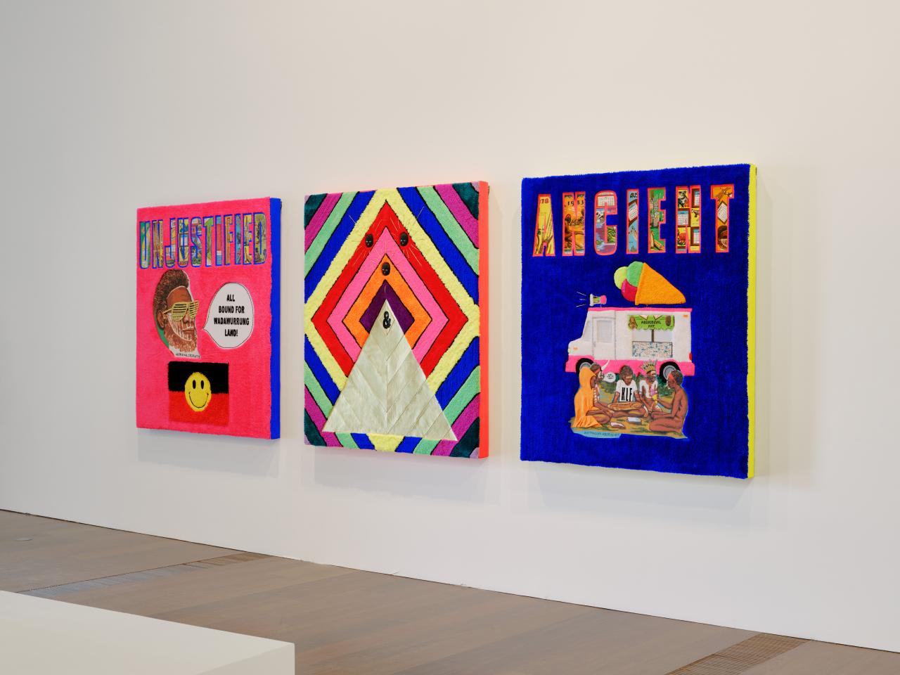 Kait James<br/>
<em>The KLF (Koorie Liberation Front)</em> 2023 <!-- (full work) --><br />

wool, acrylic, printed cotton, cotton (thread), synthetic (felt), synthetic (lam&eacute;), metallic thread, plastic, synthetic polymer paint and fibre-tipped pen on canvas<br />
(a-c) 161.1 x 483.4 cm (overall)<br />
National Gallery of Victoria, Melbourne<br />
Purchased, Victorian Foundation for Living Australian Artists, 2023<br />
2023.196.a-c<br />
Tom Ross 2023
<!--149755-->