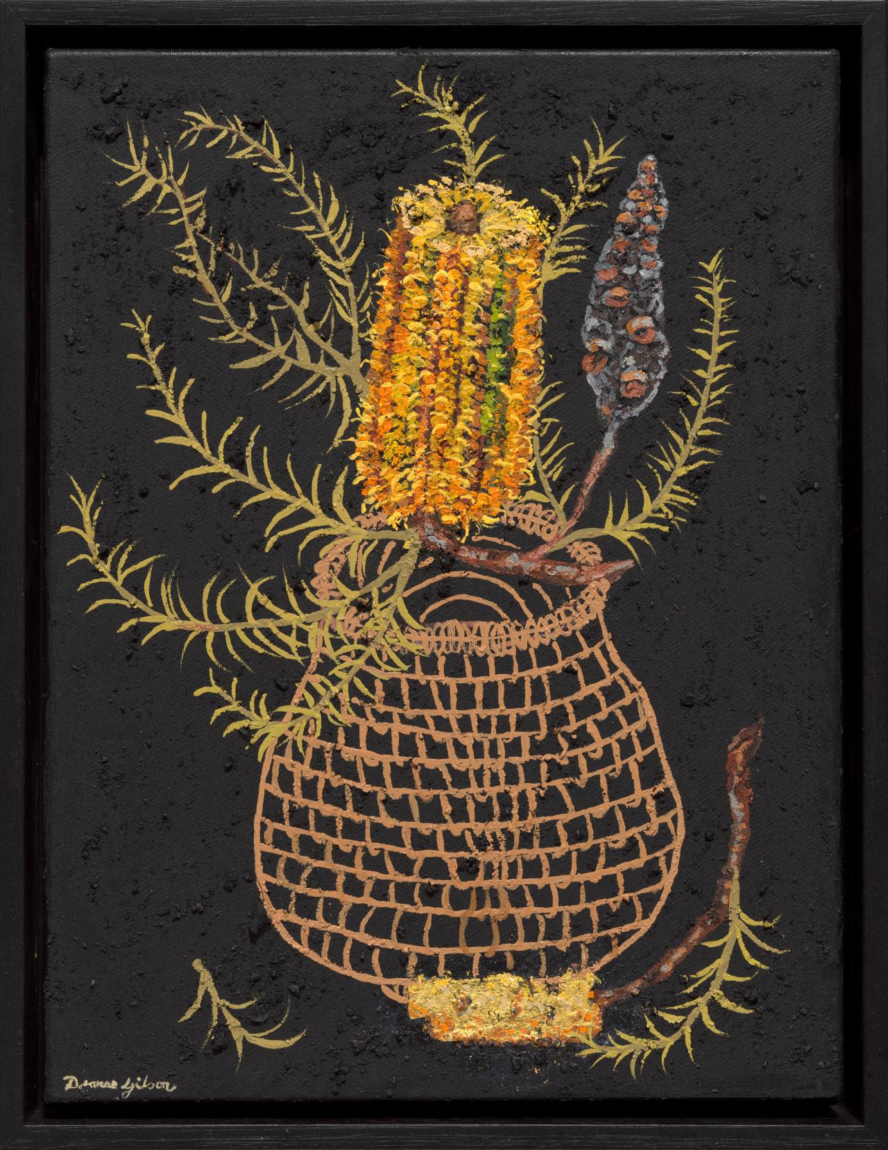 Deanne Gilson<br/>
<em>Before Joseph Banks, Our Baskets and Plants Held Sacred Knowledge</em> 2022 (part)<br />

charcoal, synthetic polymer paint, PVA glue, 23ct gold leaf and fool&rsquo;s gold (pyrite) on canvas<br />
(a-j) 40.3 x 399.7 cm (variable) (overall)<br />
National Gallery of Victoria, Melbourne<br />
Purchased, Victorian Foundation for Living Australian Artists, 2023<br />
2023.756.a-j<br />
&copy; Deanne Gilson
<!--149706-->