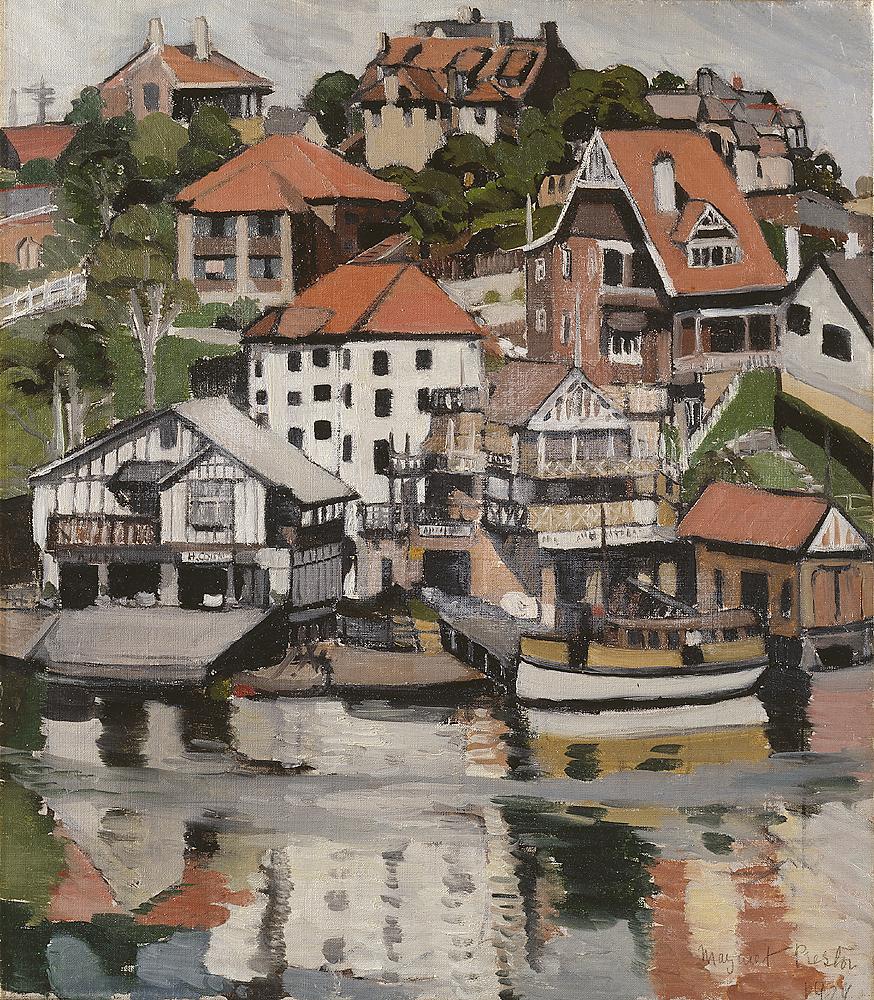 Margaret PRESTON<br/>
<em>Corner of Mosman Bay</em> 1929 <!-- (recto) --><br />

oil on canvas<br />
52.5 x 45.8 cm<br />
National Gallery of Victoria, Melbourne<br />
Purchased through The Art Foundation of Victoria with the assistance of Westpac Banking Corporation, Founder Benefactor, 1997<br />
1996.719<br />
&copy; Margaret Preston/Licensed by Copyright Agency, Australia
<!--59332-->