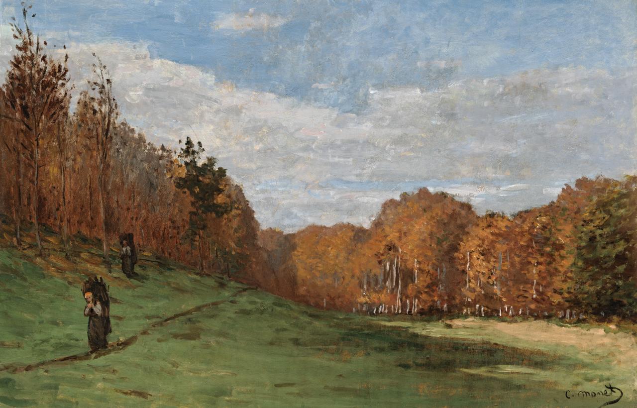 Claude Monet<br/>
French 1840–1926<br/>
<em>Woodgatherers at the edge of the forest</em> c. 1863<br/>
oil on panel<br/>
59.7 x 90.2 cm<br/>
Museum of Fine Arts, Boston<br/>
Henry H. and Zoe Oliver Sherman Fund (1974.325)<br/>
Photography © Museum of Fine Arts, Boston. All Rights Reserved.