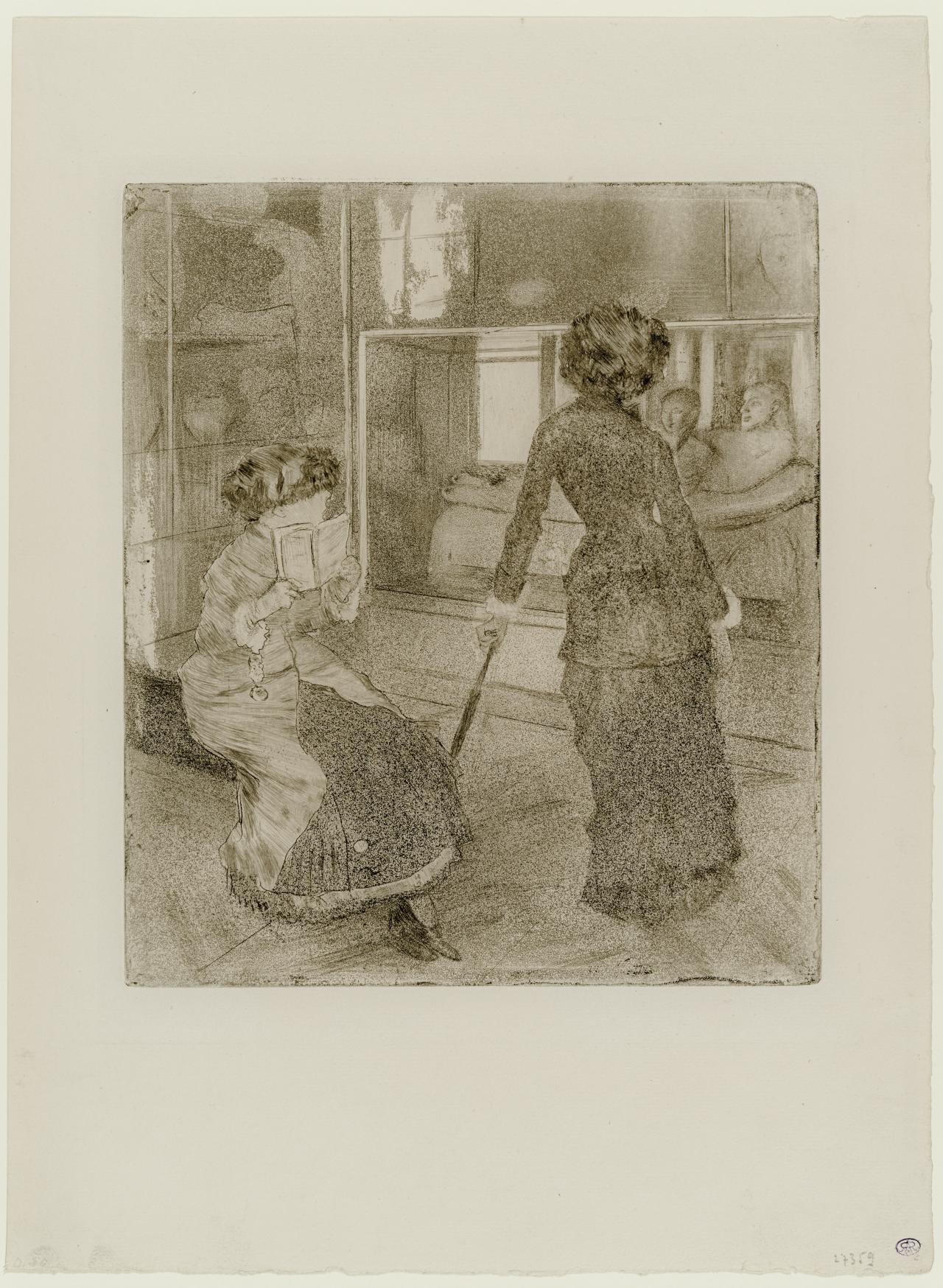 Edgar Degas<br/>
French 1834–1917<br/>
<em>Mary Cassatt at the Louvre: The Etruscan Gallery</em> 1879–80<br/>
soft-ground etching, drypoint, aquatint and etching <br/>
7th of 9 states<br/>
26.7 x 23.2 cm (plate)<br/>
42.0 x 31.0 (sheet)<br/>
Museum of Fine Arts, Boston<br/>
Katherine E. Bullard Fund in memory of Francis Bullard, by exchange (1983.310)<br/>
Photography © Museum of Fine Arts, Boston. All Rights Reserved.