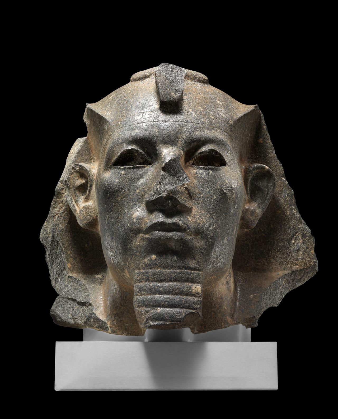 Head of colossal statue, probably of Amenemhat III​<br/>
Bubastis, Egypt​ <br/>
12th Dynasty, reign of Amenemhat III, about 1854-1808 BC​ <br/>
Granodiorite​<br/>
H 83cm, W 85cm, D 71cm<br/>
© The Trustees of the British Museum<br/>