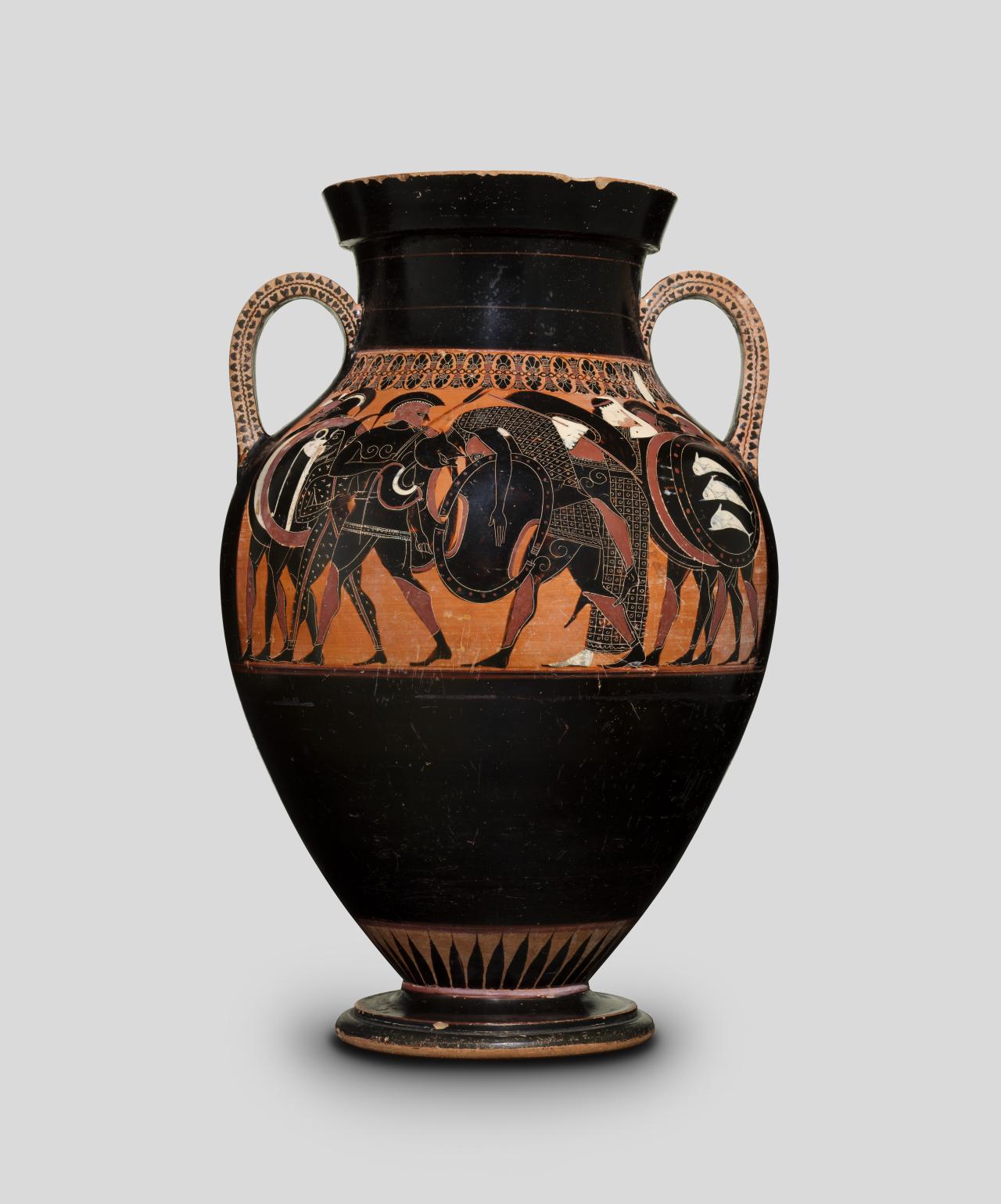 GREECE, Attica<br />
 THE GROUP OF LONDON B 174 (attributed to)<br/>
<em>Amphora (Attic black-figure ware)</em> 540 BCE <!-- (full view) --><br />

earthenware<br />
54.8 x 36.2 cm diameter<br />
National Gallery of Victoria, Melbourne<br />
Felton Bequest, 1957<br />
1729-D4<br />

<!--1337-->