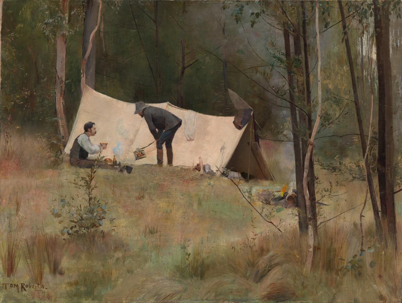Tom ROBERTS<br/>
<em>The artists' camp</em> (1886) <!-- (recto) --><br />

oil on canvas<br />
46.0 x 60.9 cm<br />
National Gallery of Victoria, Melbourne<br />
Felton Bequest, 1943<br />
1224-4<br />

<!--2888-->