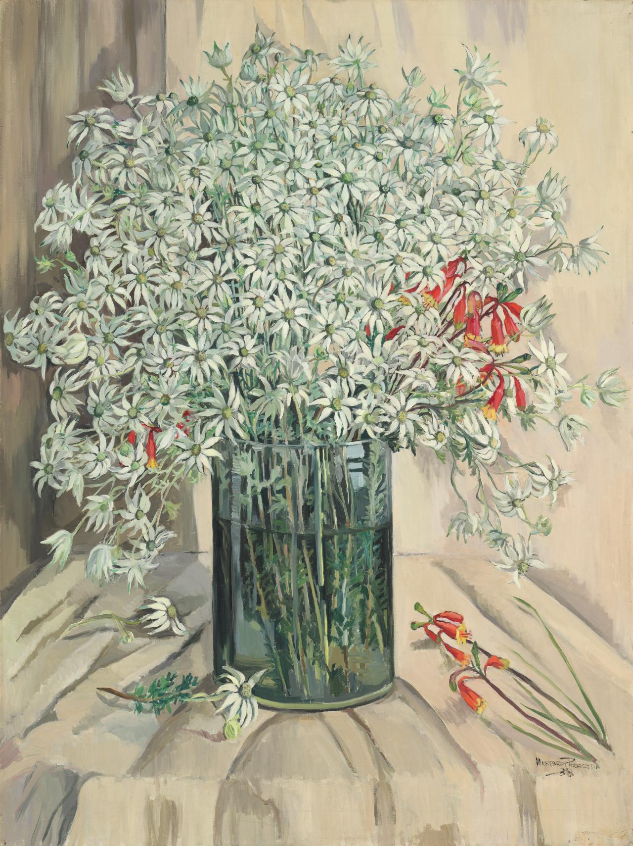 Margaret PRESTON<br/>
<em>Flannel flowers</em> 1938 <!-- (recto) --><br />

oil on canvas<br />
122.0 x 91.6 cm<br />
National Gallery of Victoria, Melbourne<br />
The Joseph Brown Collection. Presented through the NGV Foundation by Dr Joseph Brown AO OBE, Honorary Life Benefactor, 2004<br />
2004.209<br />
&copy; Margaret Preston/Licensed by Copyright Agency, Australia
<!--75856-->