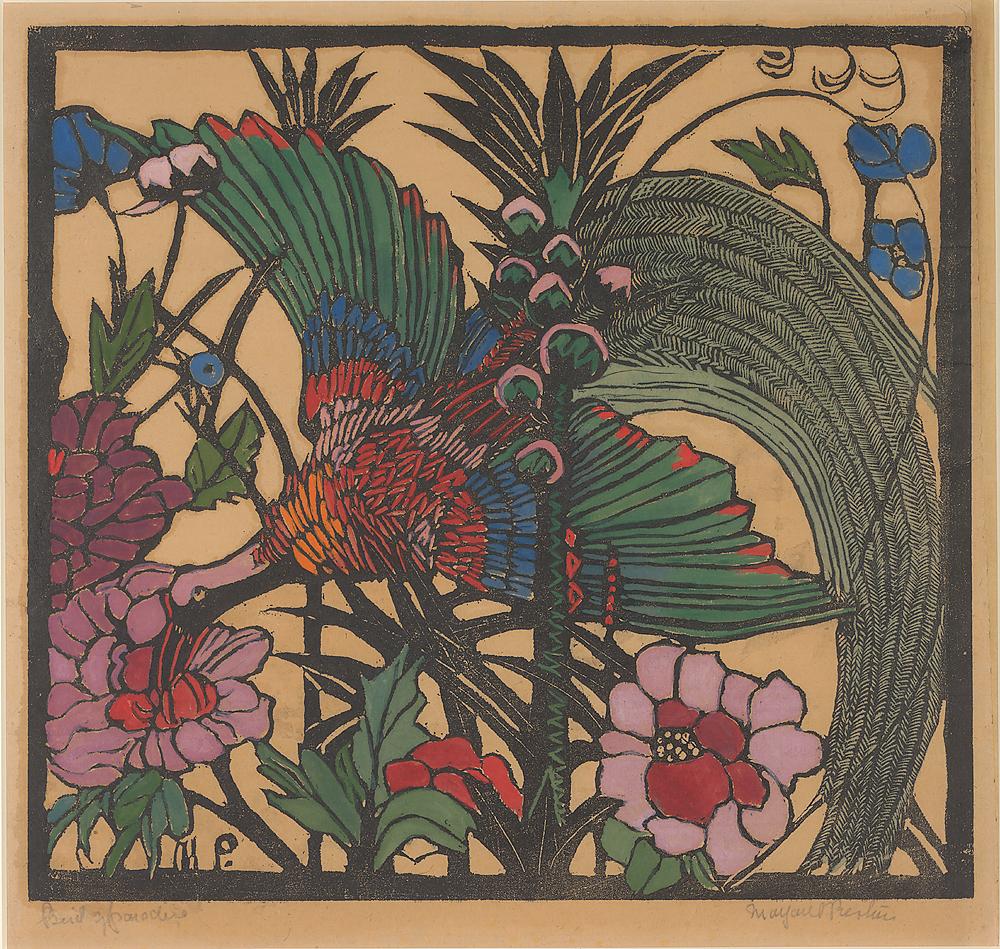 Margaret PRESTON<br/>
<em>Bird of paradise</em> (1925) <!-- (recto) --><br />

hand-coloured woodcut on brown paper<br />
39.7 x 42.9 cm (block) 56.8 x 45.6 cm irreg. (sheet)<br />
National Gallery of Victoria, Melbourne<br />
Purchased, 1942<br />
1185-4<br />
&copy; Margaret Preston/Licensed by Copyright Agency, Australia
<!--39860-->