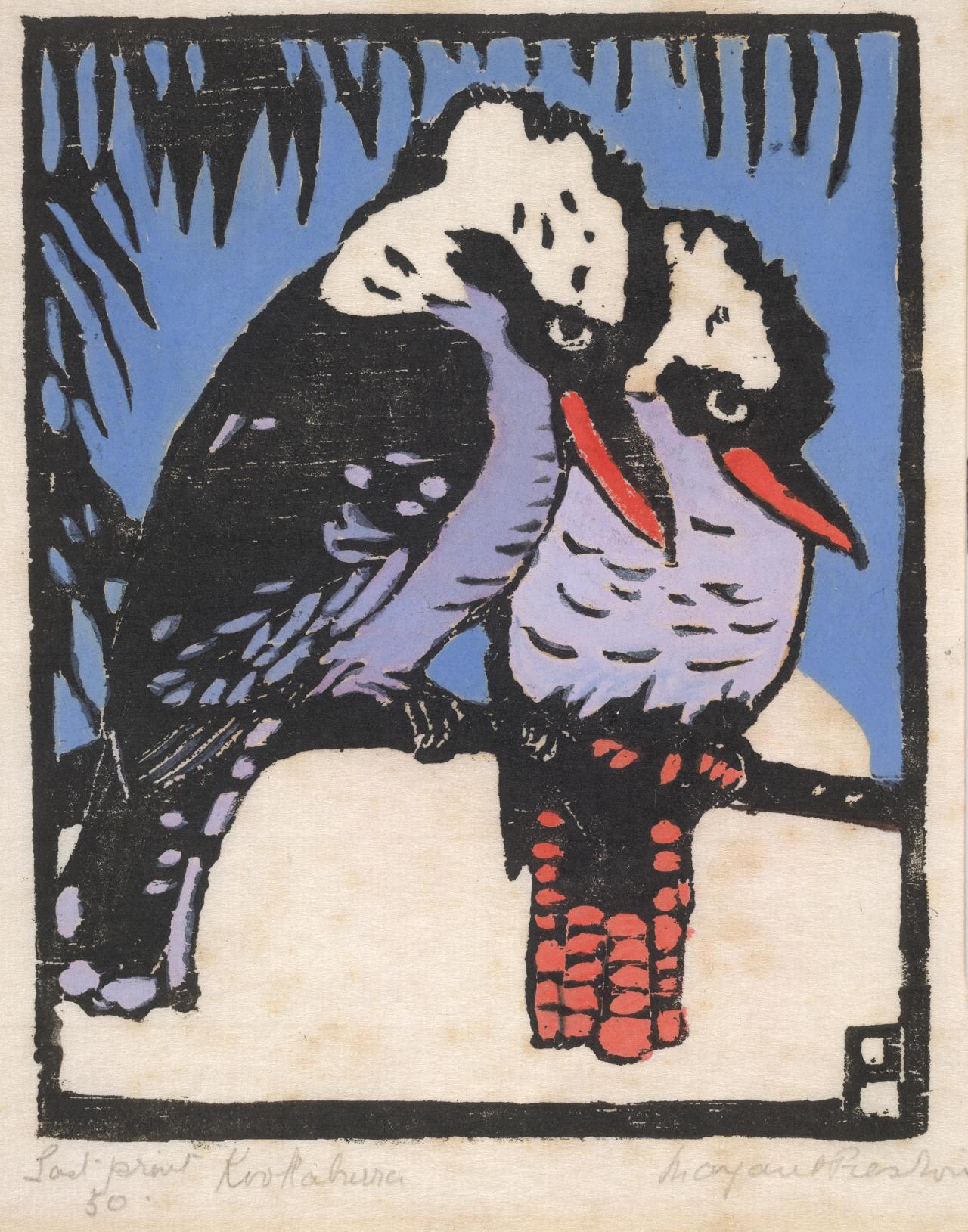 Margaret PRESTON<br/>
<em>Kookaburras</em> (c. 1923) <!-- (image only) --><br />

hand-coloured woodcut<br />
17.1 x 13.6 cm (block) 24.8 x 20.9 cm (sheet)<br />
National Gallery of Victoria, Melbourne<br />
Gift of the Reverend Ian Brown, 2008<br />
2008.274<br />
&copy; Margaret Preston/Licensed by Copyright Agency, Australia
<!--86370-->