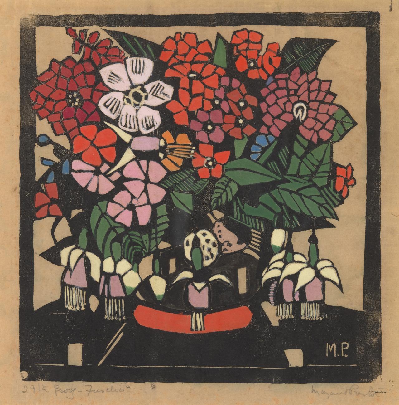 Margaret PRESTON<br/>
<em>Fuchsia</em> 1928 <!-- (recto) --><br />

hand-coloured woodcut<br />
27.0 x 26.7 cm (image) 38.0 x 33.6 cm (sheet)<br />
National Gallery of Victoria, Melbourne<br />
Purchased, 1966<br />
1690-5<br />
&copy; Margaret Preston/Licensed by Copyright Agency, Australia
<!--29899-->