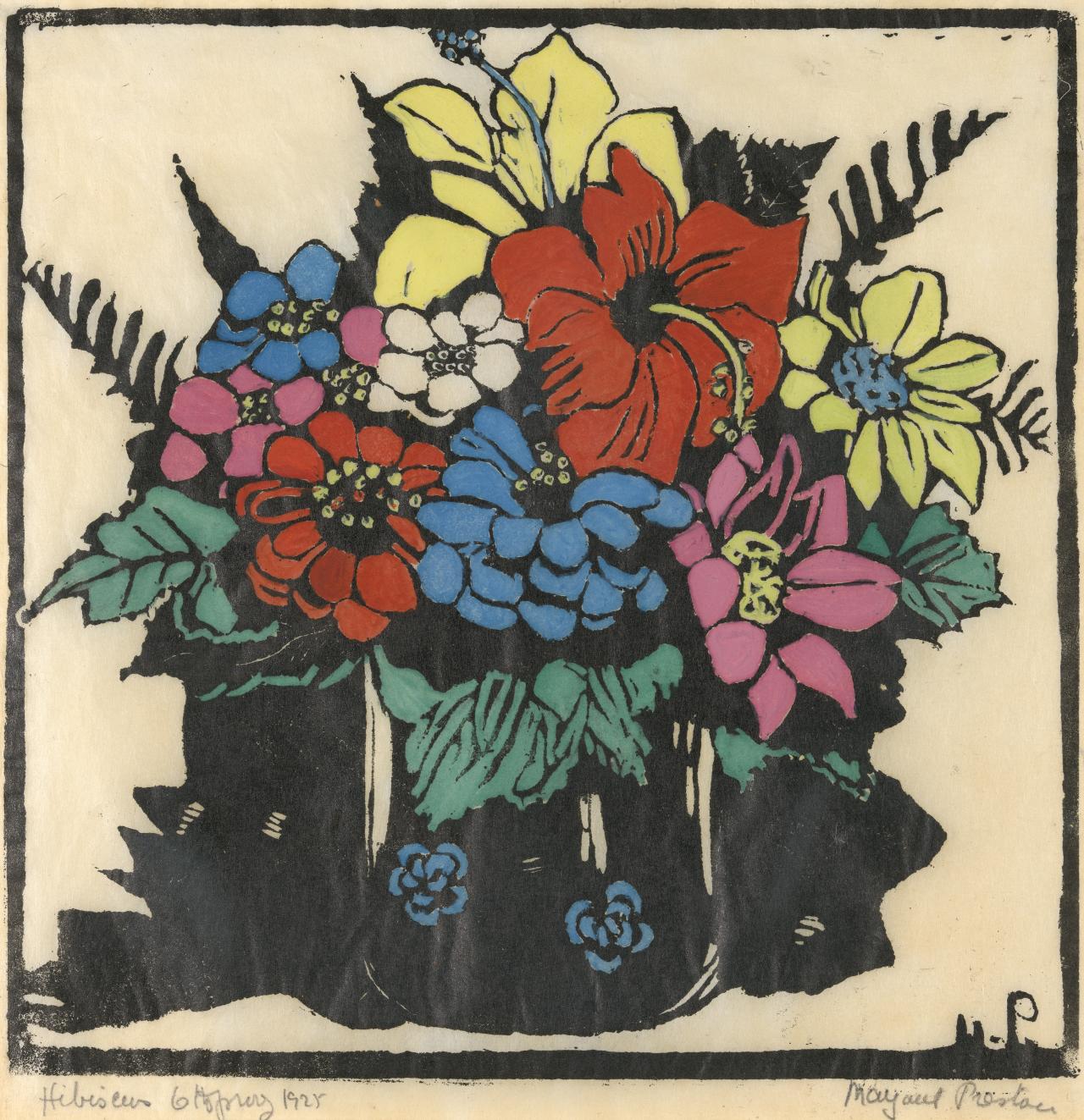 Margaret PRESTON<br/>
<em>Hibiscus</em> 1925 <!-- (resto) --><br />

hand-coloured woodcut<br />
24.5 x 24.5 cm (image and block)<br />
Edition of 50, 6th proof<br />
National Gallery of Victoria, Melbourne<br />
Gift of Andr&eacute;e Fay Harkness through the Australian Government&rsquo;s Cultural Gifts Program, 2020<br />
2020.506<br />
&copy; Margaret Preston/Licensed by Copyright Agency, Australia
<!--138023-->