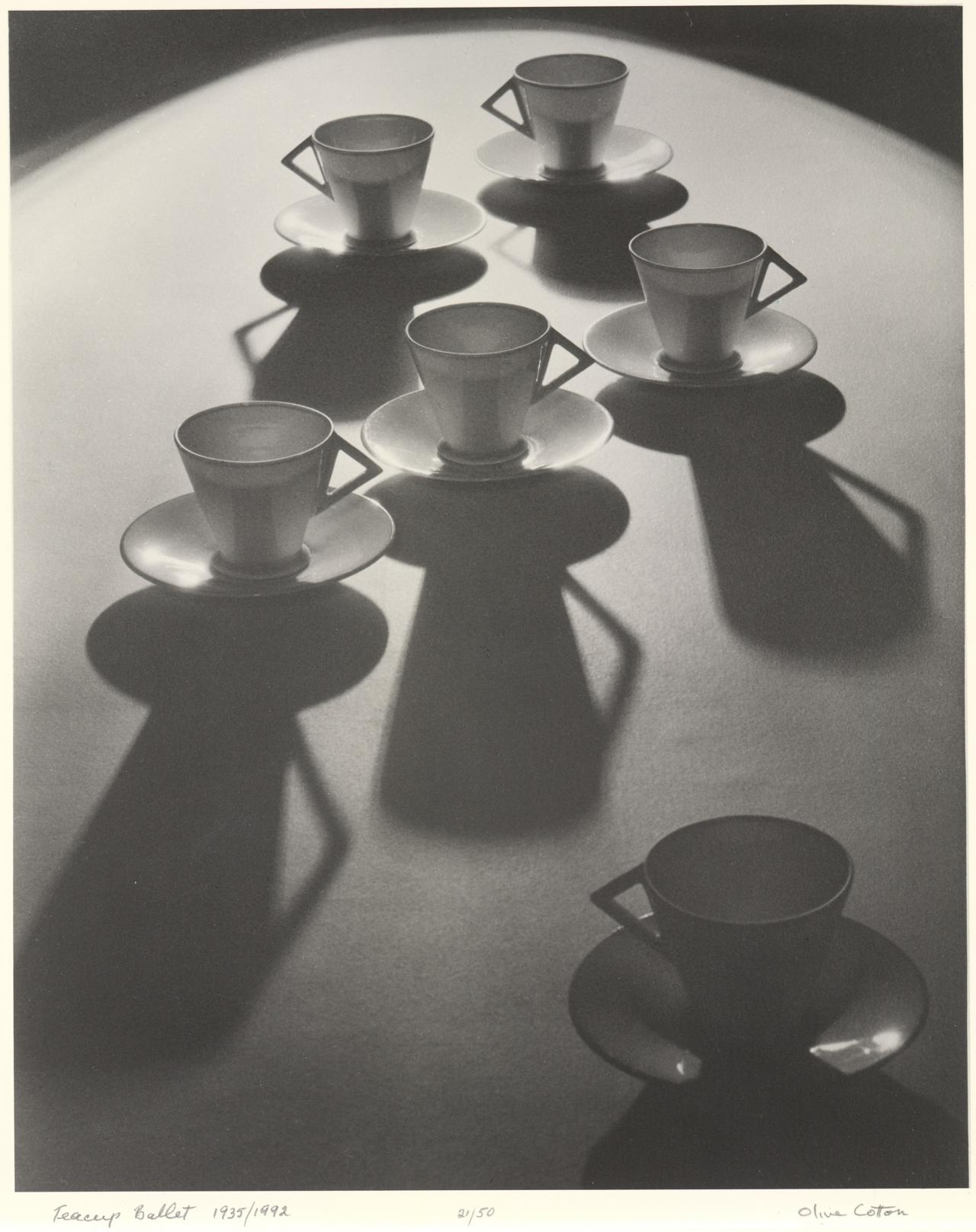Olive COTTON<br/>
<em>Teacup ballet</em> 1935; 1992 {printed} <!-- (recto) --><br />

gelatin silver photograph<br />
36.0 x 29.2 cm (image)<br />
ed. 21/50<br />
National Gallery of Victoria, Melbourne<br />
Purchased from Admission Funds, 1992<br />
PH199-1992<br />
&copy; The estate of Olive Cotton
<!--13122-->