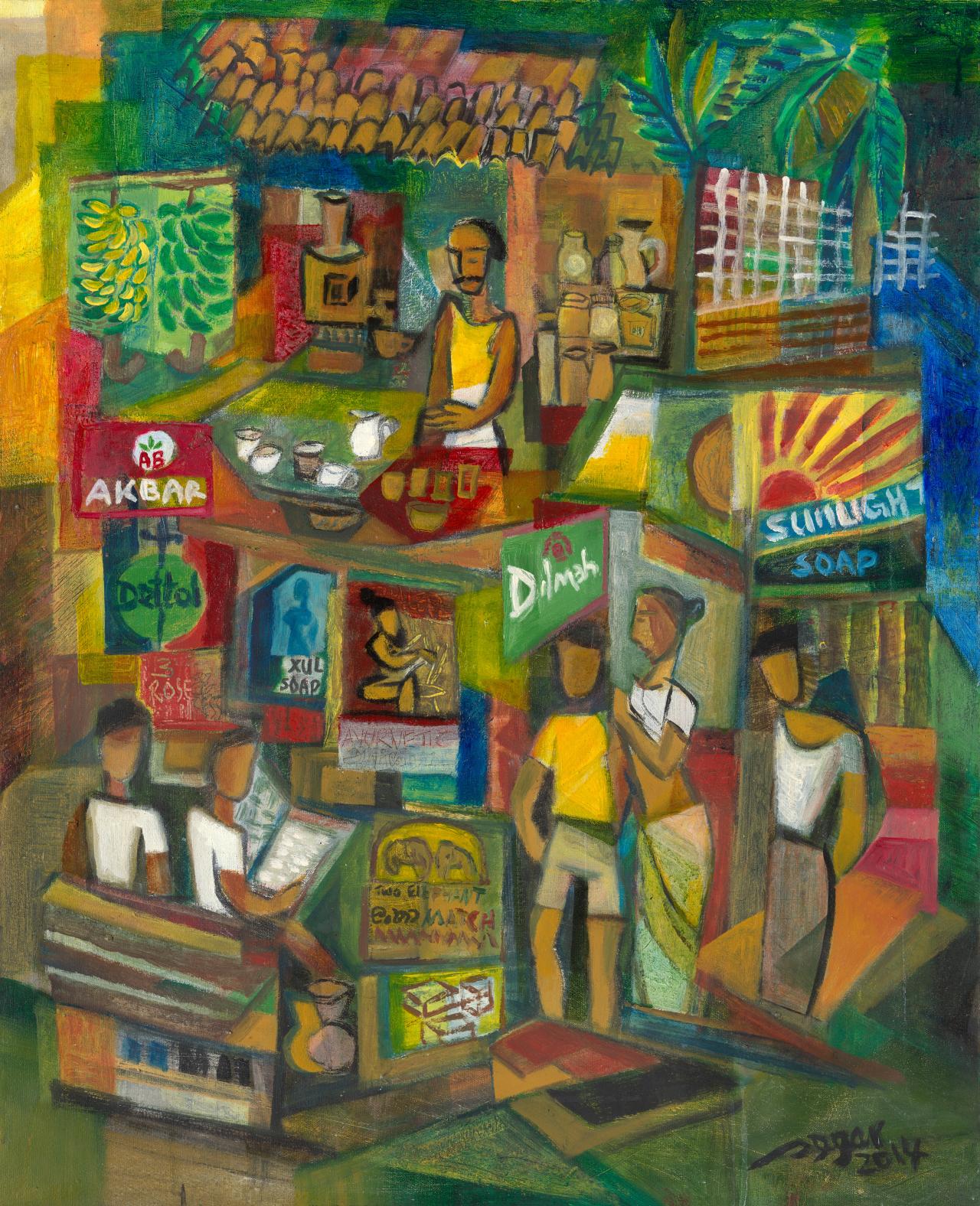 Raja SEGAR<br/>
<em>Village tea boutique</em> (2014) <!-- (recto) --><br />

oil on canvas<br />
(86.0 x 71.0 cm)<br />
National Gallery of Victoria, Melbourne<br />
Gift of Ajit and Shanthi Jayetileke, 2025<br />
2025.35<br />
&copy; Raja Segar
<!--149759-->