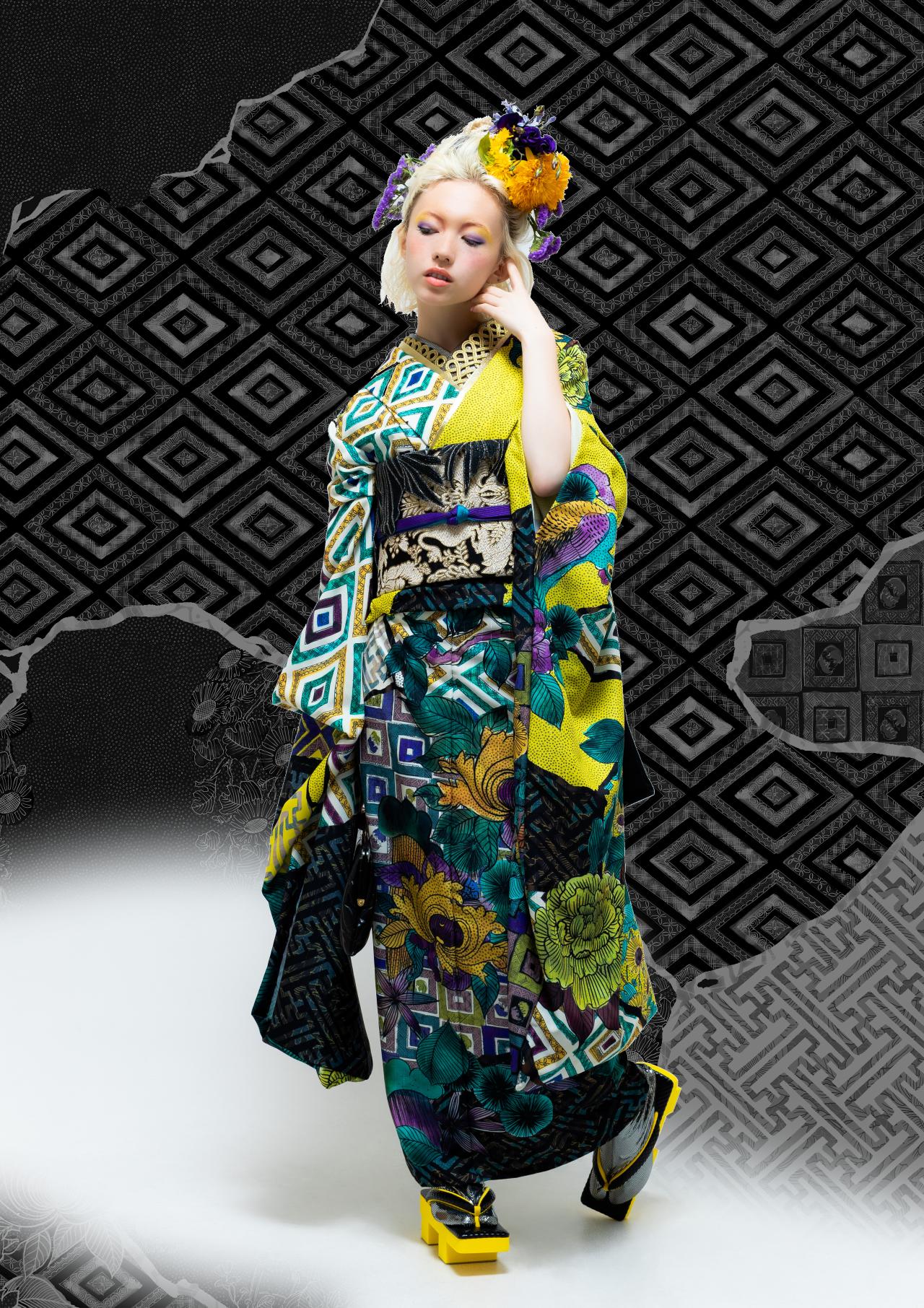 Rumi Rock<br/>
Ao Kutani, furisode kimono<br/>
Photographer: Akihisa Okumoto <br/>
Model: ASHLY<br/>