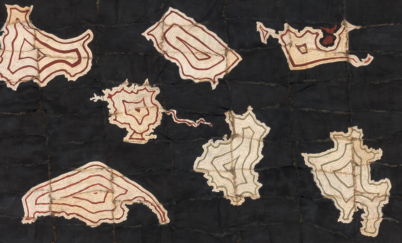 Maree Clarke<br/>
<em>Walert &ndash; gurn barerarerungar: Tipperary, Ireland Dunstable, Britain Yorta Yorta Trawlwoolway Boonwurrung, Mutti Mutti, Wamba Wamba</em> 2020-2021 (detail)<br />

possum skin, earth pigments and synthetic polymer paint, sinew<br />
221.0 x 405.0 cm<br />
National Gallery of Victoria, Melbourne<br />
Purchased, Victorian Foundation for Living Australian Artists, 2021<br />
2021.600<br />
&copy; Maree Clarke / Licensed by Copyright Agency, Australia
<!--146720-->