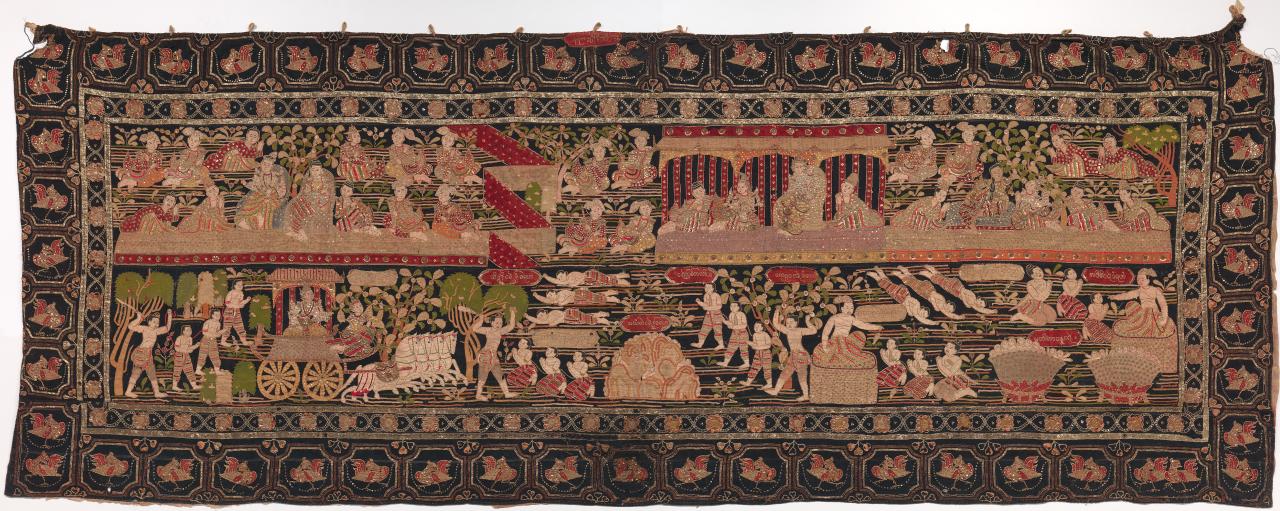 BURMESE<br/>
<em>Gold thread embroidered hanging</em> (c. 1900) <!-- (recto) --><br />
<em>(Shwe jee doe kalaga)</em><br />
cotton, felt, metal (sequins), gilt-thread, glass (beads), (embroidery, appliqu&eacute;)<br />
(165.0 x 440.5 cm)<br />
National Gallery of Victoria, Melbourne<br />
Gift of Marg Stephens and family, 2025<br />
<br />

<!--157104-->
