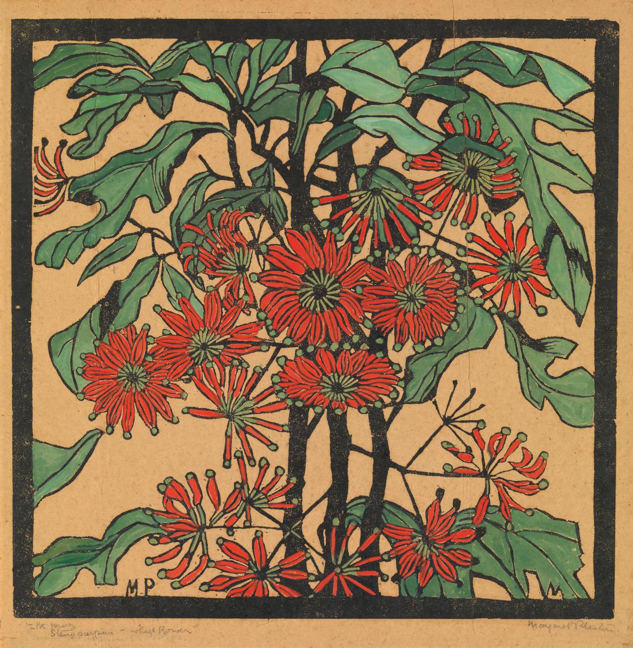 Margaret PRESTON<br/>
<em>Wheelflower</em> (c. 1929) <!-- (recto) --><br />

hand-coloured woodcut on brown hand-made paper<br />
44.2 x 44.7 cm irreg. (block) 48.4 x 47.1 cm irreg. (sheet)<br />
proof<br />
National Gallery of Victoria, Melbourne<br />
Purchased, 1979<br />
P10-1979<br />
&copy; Margaret Preston/Licensed by Copyright Agency, Australia
<!--25423-->
