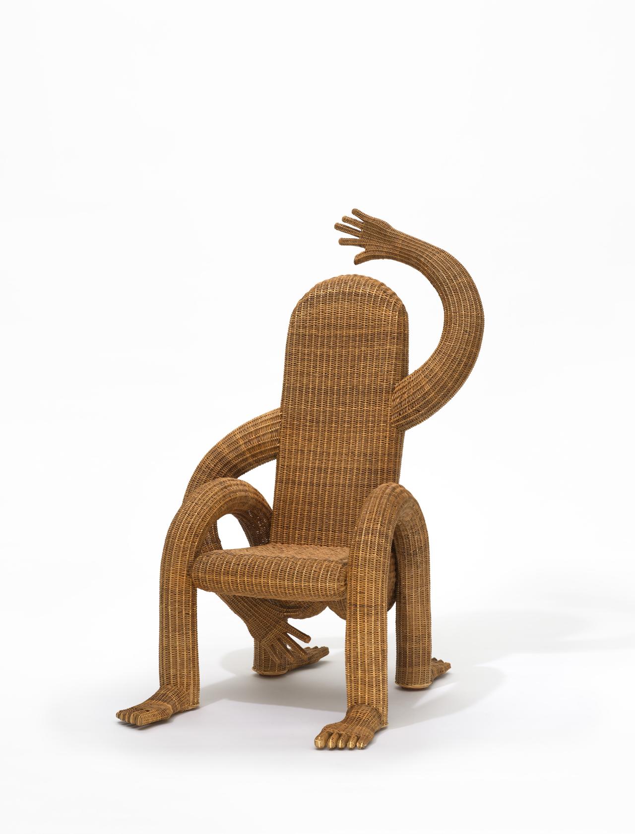 Chris WOLSTON (designer)<br/>
<em>Nalgona chair 05</em> 2019 {designed}; 2021 {manufactured} <!-- (primary) --><br />

Yar&eacute; (Heteropsis sp), Willow (Salix sp.), painted steel, cork<br />
152.5 x 97.5 x 109.5 cm<br />
artist&rsquo;s proof<br />
National Gallery of Victoria, Melbourne<br />
Purchased with funds donated by Gordon Moffatt AM, 2022<br />
2022.151<br />
&copy; Chris Wolston
<!--147880-->