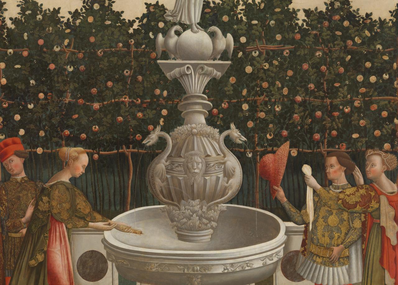 MASTER OF THE STORIES OF HELEN<br />
 Antonio VIVARINI (studio of)<br/>
<em>The Garden of Love</em> (c. 1465-1470) (detail)<br />

oil, tempera and gold on spruce panel<br />
152.5 x 239.0 cm<br />
National Gallery of Victoria, Melbourne<br />
Felton Bequest, 1948<br />
1827-4<br />

<!--4440-->