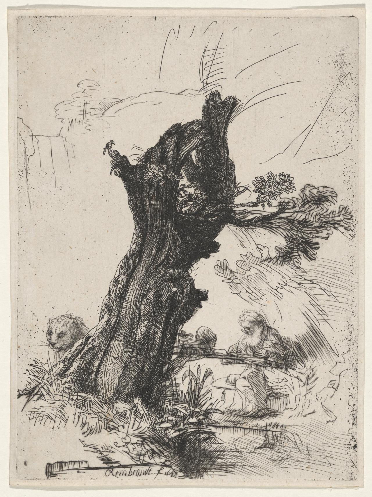 REMBRANDT Harmensz. van Rijn<br/>
<em>Saint Jerome under the pollard willow</em> 1648 <!-- (recto) --><br />

etching and drypoint<br />
18.0 x 13.3 cm (image and plate) 18.5 x 13.8 cm (sheet)<br />
4th of 4 states<br />
National Gallery of Victoria, Melbourne<br />
Collection of James O Fairfax AC. Presented by Bridgestar Pty Ltd through the Australian Government’s Cultural Gifts Program, 2020<br />
2020.471<br />

<!--126123-->