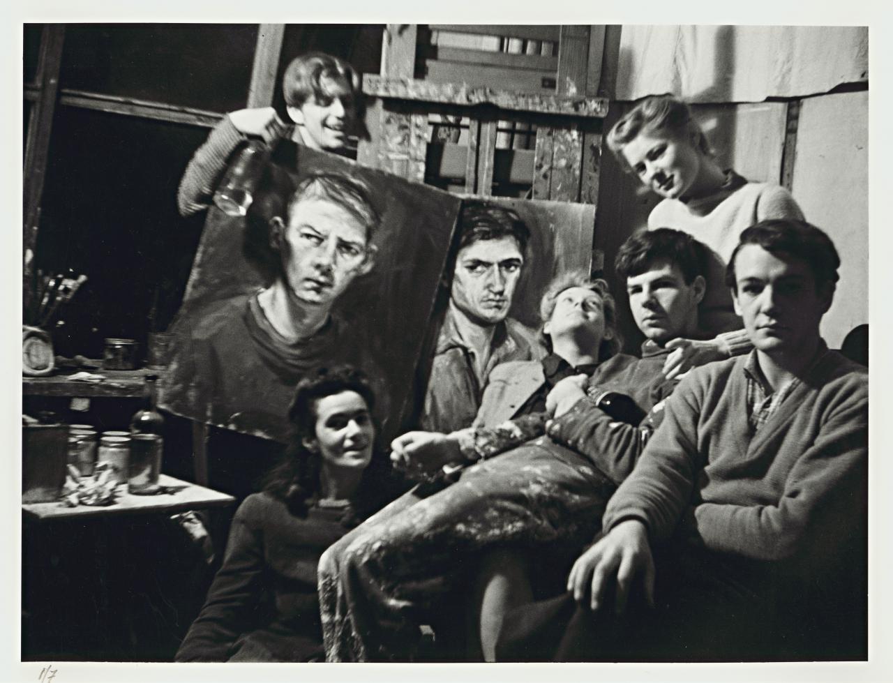 <em>Arthur Boyd's studio at Open Country</em> c.1945<br/>
L-R: Matcham Skipper, Myra Skipper, Joy Hester, Yvonne Lennie, Arthur Boyd and David Boyd<br/>
© Courtesy Bundanon Trust